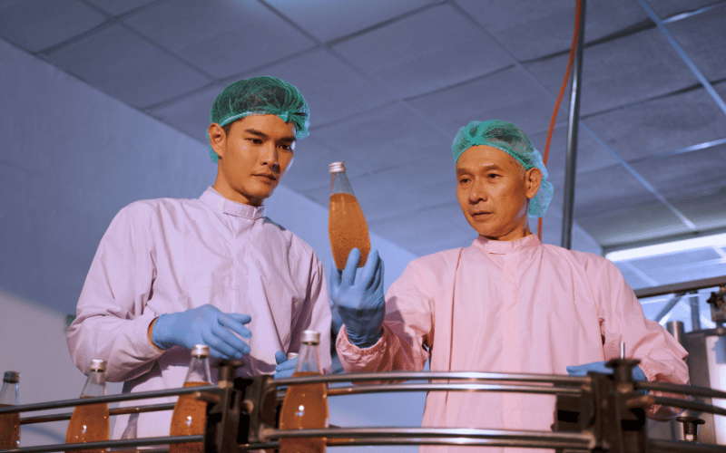 Two male engineers inspecting a bottled product on a food production line.